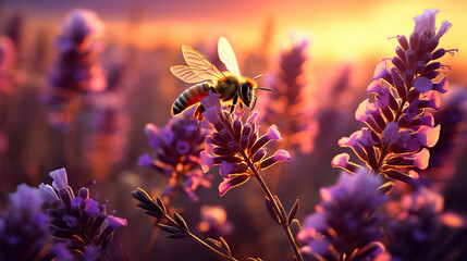 Floral Elegance. A bee flying over a bunch of purple flowers in a field of lavenders at sunset or dawn with a yellow sky. Generative AI - obrazy, fototapety, plakaty