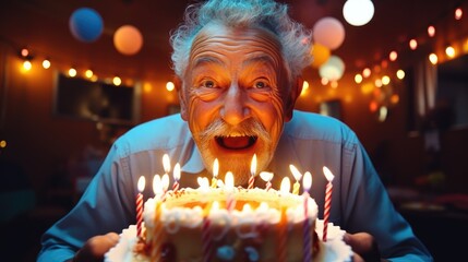 Elderly man with joyful crazy look ready to blow out the candles on his birthday cake celebration. Generative AI