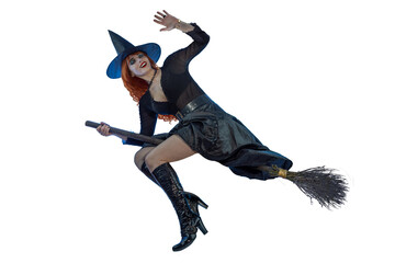 Halloween Witch flying on a broomstick. Female wizard fairy character for All Saints' Day. Fantasy...