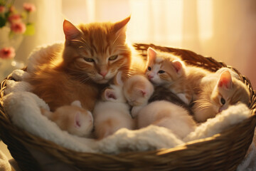 Morning Solace: Mother Cat Cuddles Newborn Kittens in Cozy Indoor Nest