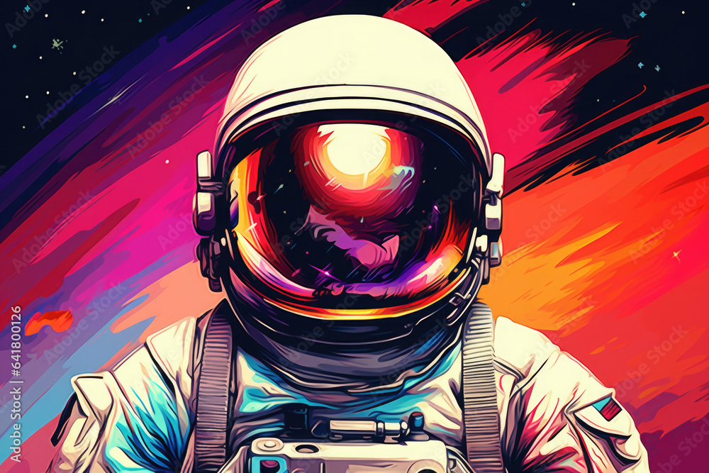 Poster astronaut in space suit against abstract cosmic background. deep space exploration