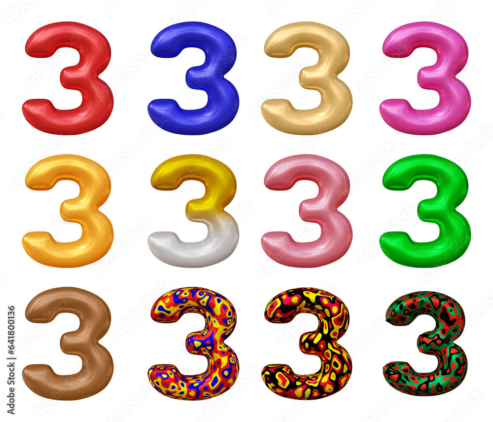 Poster set of number 3 in 3d rendering isolated on transparent background for math, business and education 