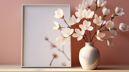 Elegant Mockup. White Flowers in Vase and Frame on a Light Background. Generative AI