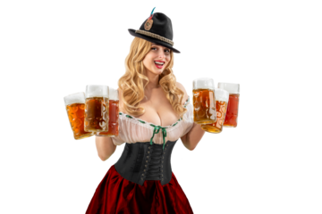 Oktoberfest girl waitress. Woman in dirndl, tyrolean hat serving big beer mugs on isolated background. Traditional Bavarian, German, Austrian party, autumn festival