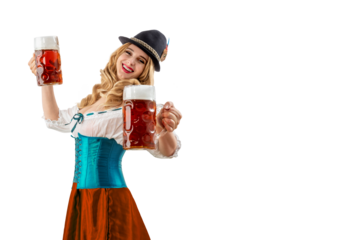 Oktoberfest girl waitress. Woman in dirndl, tyrolean hat serving big beer mugs on isolated background. Traditional Bavarian, German, Austrian party, autumn festival