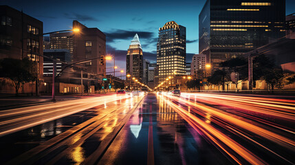 Fototapeta premium Long exposure lights, traffic at night in the city. Generative AI