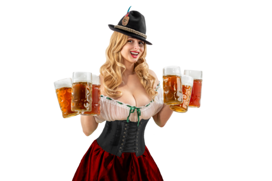 Oktoberfest girl waitress. Woman in dirndl, tyrolean hat serving big beer mugs on isolated background. Traditional Bavarian, German, Austrian party, autumn festival - Powered by Adobe
