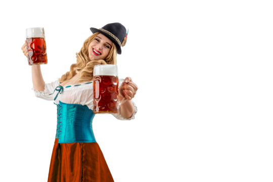 Oktoberfest girl waitress. Woman in dirndl, tyrolean hat serving big beer mugs on isolated background. Traditional Bavarian, German, Austrian party, autumn festival