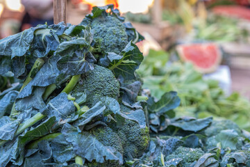 Broccoli Rabe on a street food market, in Palermo Sicily, vegetable stand with blurred background