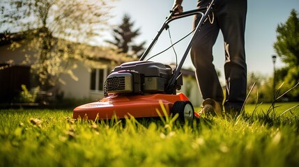A man mows the grass on the lawn at home with a lawn mower.