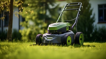 The lawn mower is on the lawn at the house. - obrazy, fototapety, plakaty