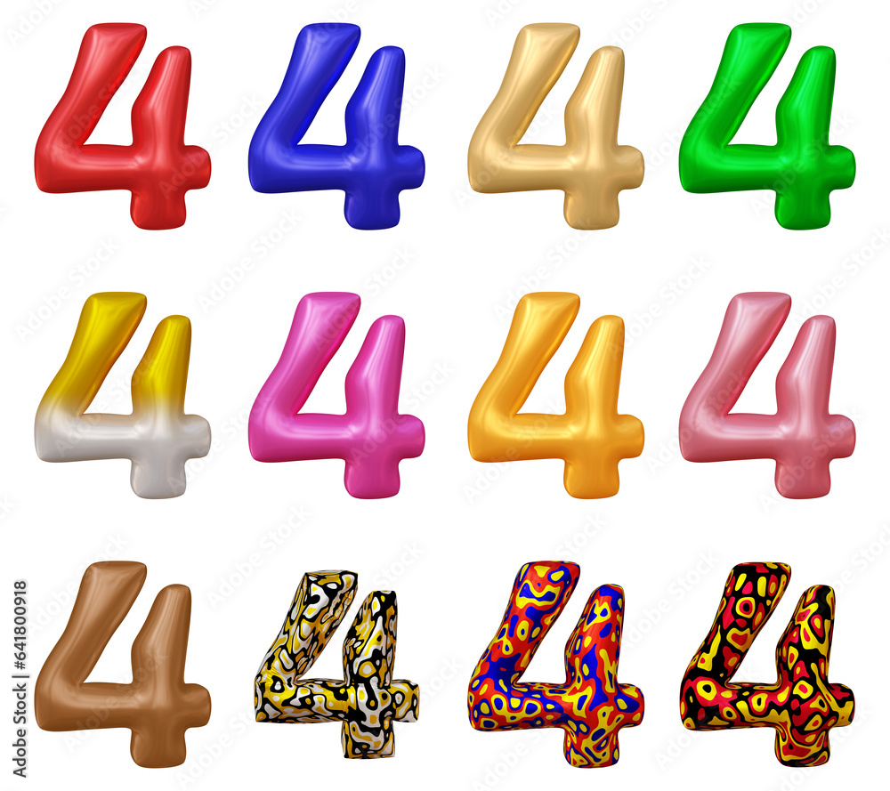 Poster set of number 4 in 3d rendering isolated on transparent background for math, business and education 