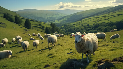 Obraz premium Nature's Flock, A herd of sheep standing on top of a lush green hillside. Generative AI