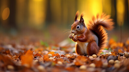 beautiful cute squirrel collecting nuts in colorful autumn landscape, fall forest background,...
