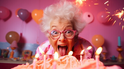 Obraz na płótnie Canvas Elderly woman with joyful crazy look ready to blow out the candles on her birthday cake celebration. Generative AI