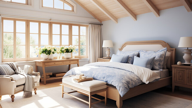 Rural Tranquility. Bedroom Decor Melds Homey Style and Modern Comfort. Generative AI