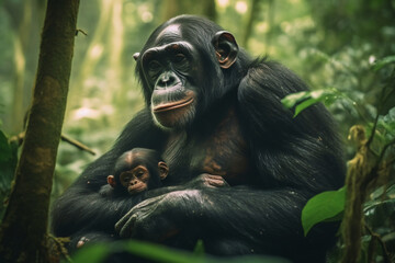 Obraz premium Loving Rainforest Bond: Chimpanzee Mother's Gentle Grooming in Humid Canopy