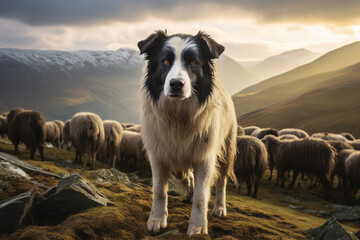 Misty Morning Shepherd: Skilled Dog Guides Sheep Through Challenging Mountain Landscape