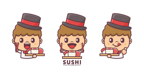 cute cartoon mascot with sushi. set cartoon vector with different expressions