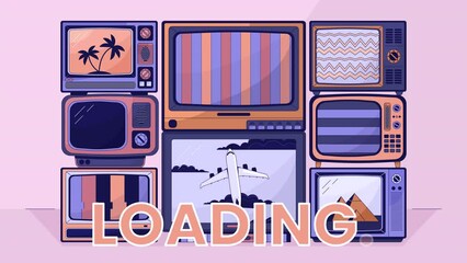 Vintage tv stack line 2D loading animation. Old television set with static screens animated cartoon linear objects 4K video loader motion graphic. Retro tv pile, worldwide travel download process gif