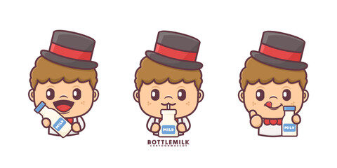 cute cartoon mascot with milk. set cartoon vector with different expressions