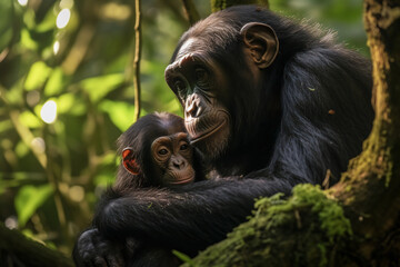Tender Rainforest Bond: Chimpanzee Mother Grooms Baby in Humid Canopy