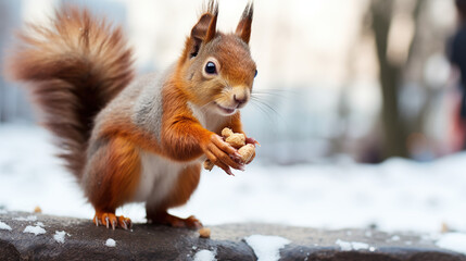 Squirrel Savors Hazelnut with Delight in winter time on snow background. Generative AI