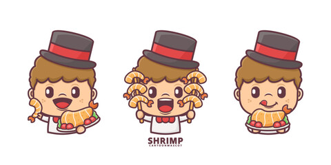 cute cartoon mascot with shrimp. set cartoon vector with different expressions