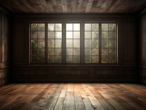 Empty old abandoned room with window, hardwood wall and floor. Hounted dark house. Generative Ai