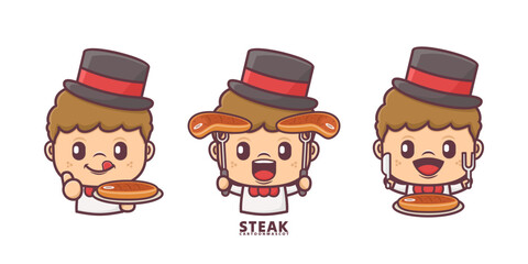 cute cartoon mascot with steak. set cartoon vector with different expressions