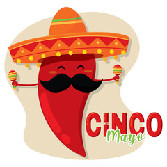 Cute pepper character with mexican hat and maracas Cinco de mayo Vector