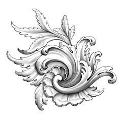 Vintage Rococo Baroque Victorian border floral ornament  tattoo vector scroll engraved retro pattern frame monogram heraldic  - 641802190