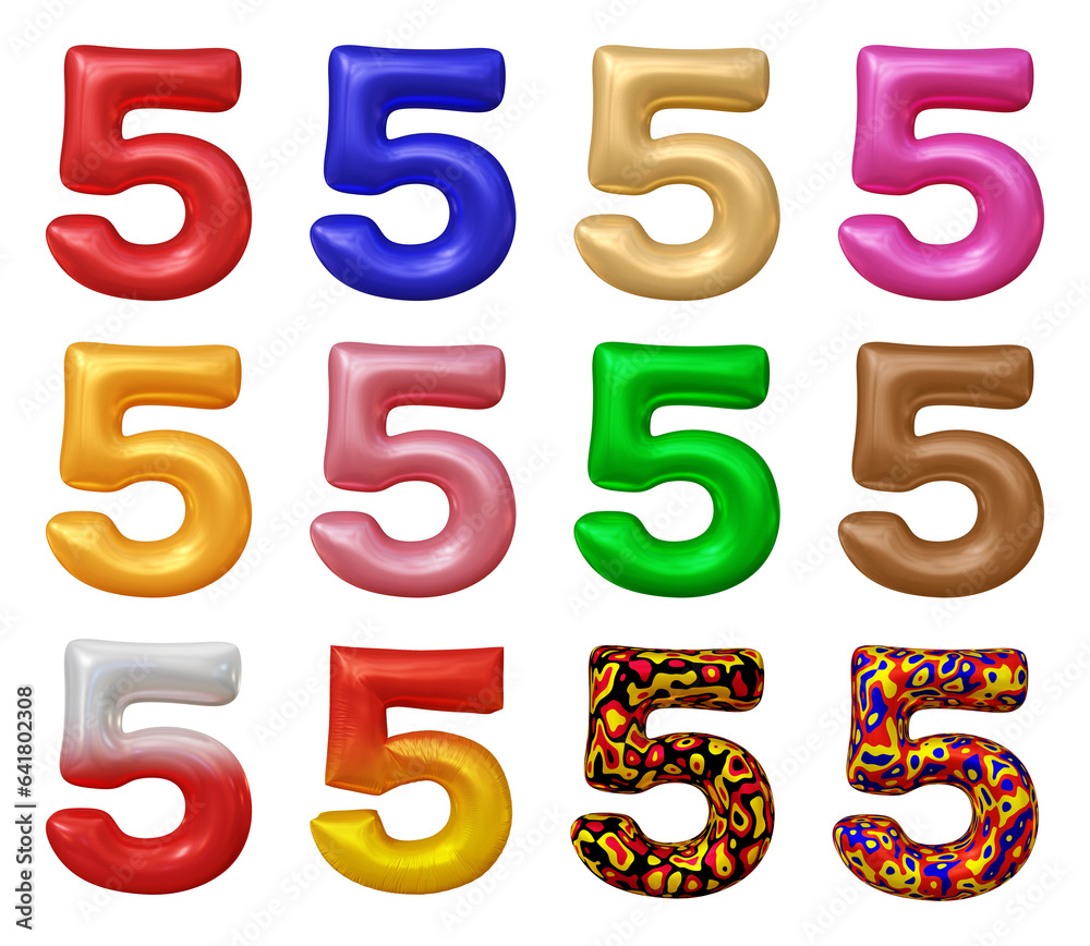 Poster set of number 5 in 3d rendering isolated on transparent background for math, business and education 