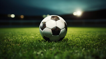 Fototapeta premium Football Ball Awaits Play on Lush Green Stadium Turf. Generative AI