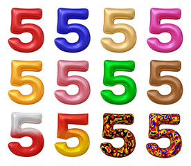 Set of number 5 in 3d rendering isolated on transparent background for math, business and education concept