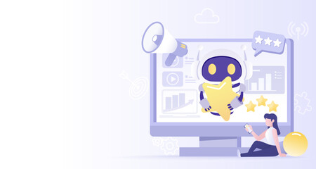 Fototapeta na wymiar Artificial Intelligence (AI) technology and customer satisfaction survey. Questionnaire, customer review, star rating, feedback, positive thinking and comment. Flat vector illustration copy space.