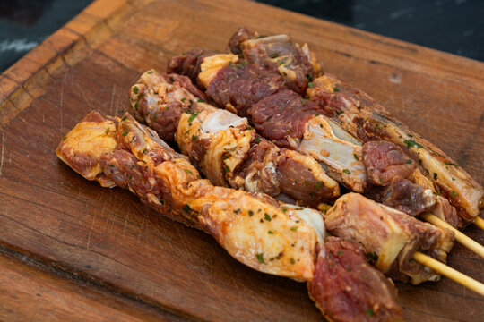 ribs espetinho (ribs meat skewer), traditional brazilian barbecue with meat on skewer