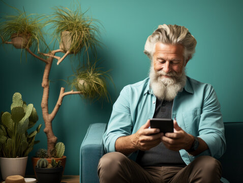70 years old man sitting with cellphone in hand.