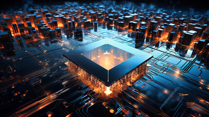 Inside a CPU, with electrons as glowing entities flowing through chip pathways