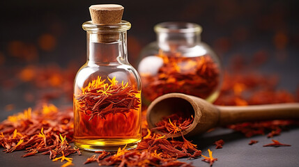 Saffron Essential Oil and Dried Saffron Spice in Rustic Setting. Generative AI - obrazy, fototapety, plakaty
