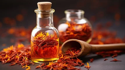 Foto op Plexiglas Saffron Essential Oil and Dried Saffron Spice in Rustic Setting. Generative AI © lander