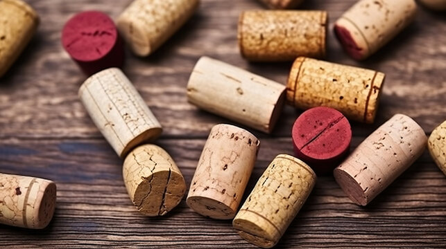 Tales of Vintage. Dated wine bottle corks on the wooden background. Generative AI