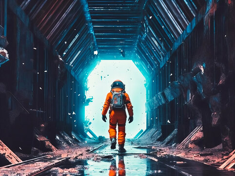 a man in spacesuit walking into a tunnel