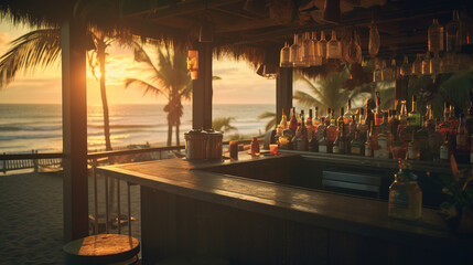 Generative AI, summer sunset beach bar background. Outdoor restaurant, Led light candles and wooden tables, chairs under beautiful sunset sky, sea view.	