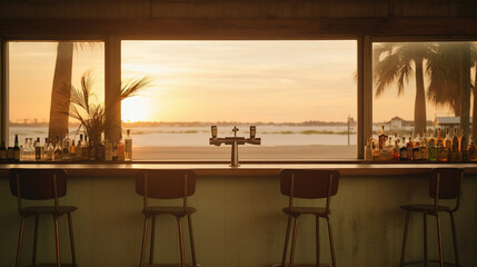 Fototapeta premium Generative AI, summer sunset beach bar background. Outdoor restaurant, Led light candles and wooden tables, chairs under beautiful sunset sky, sea view. 