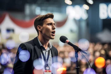 Deurstickers good looking young man at political convention speaking into microphone © Richard Miller