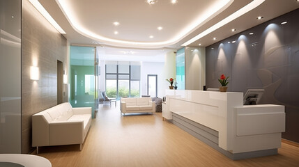 Naklejka na ściany i meble Soothing Elegance. A Glimpse into the Modern Lobby Design of a Dental Clinic. Generative AI