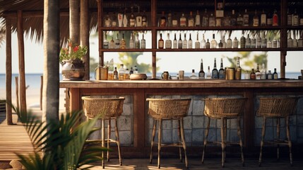 Generative AI, summer sunset beach bar background. Outdoor restaurant, Led light candles and wooden tables, chairs under beautiful sunset sky, sea view.	 - obrazy, fototapety, plakaty