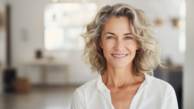 Beautiful middle age mature woman, cosmetics beauty skin care salon advertisement, happnes