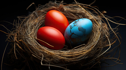 Fototapeta na wymiar Trio of Colorful Eggs Nestled in a Cozy Nest. Generative AI